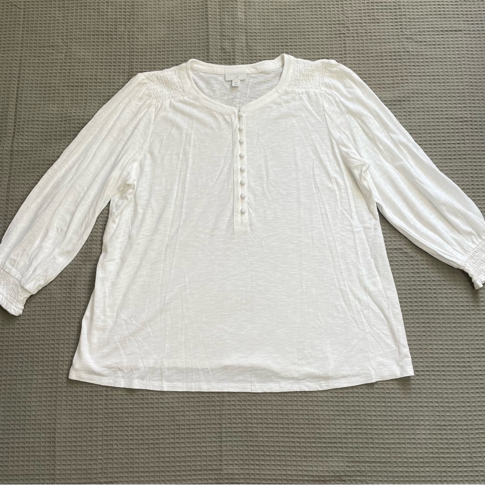 J.Jill Peasant Blouse Large Petite LP Henley Smocked Slub Knit White